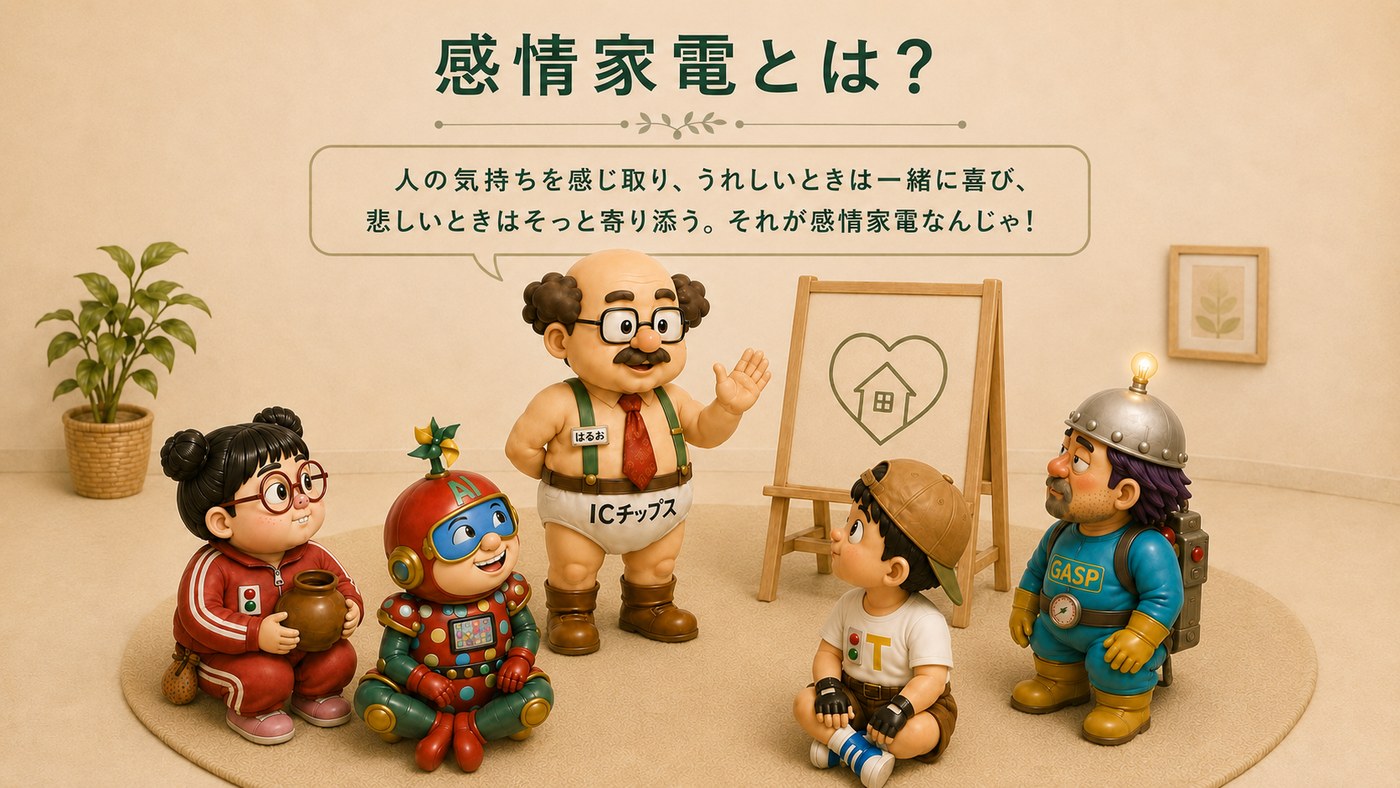 感情家電とは？　人の気持ちを感じ取り、うれしいときは一緒に喜び、悲しいときはそっと寄り添う。それが感情家電なんじゃ！　はるお博士が5人のキャラクターに説明している様子。