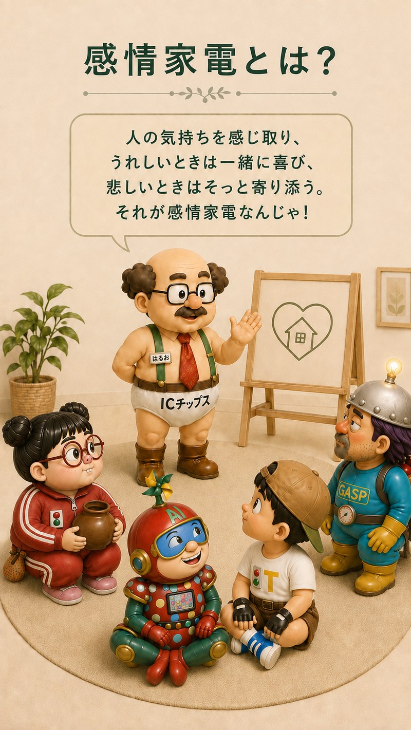 感情家電とは？　人の気持ちを感じ取り、うれしいときは一緒に喜び、悲しいときはそっと寄り添う。それが感情家電なんじゃ！　はるお博士が5人のキャラクターに説明している様子。