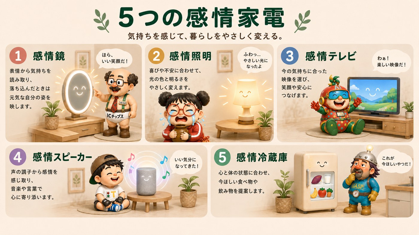 5つの感情家電。気持ちを感じて、暮らしをやさしく変える。1 感情鏡、2 感情照明、3 感情テレビ、4 感情スピーカー、5 感情冷蔵庫。
