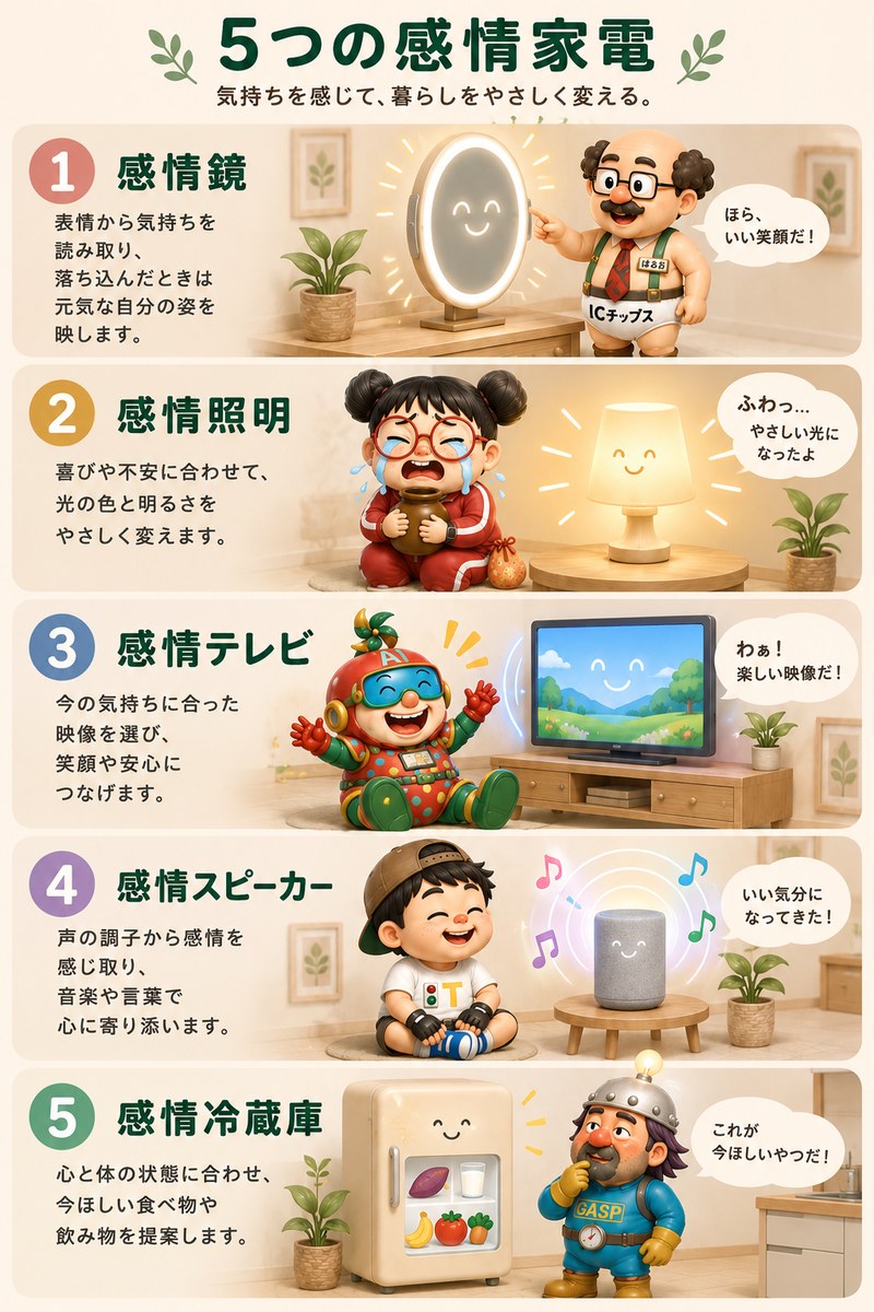 5つの感情家電。気持ちを感じて、暮らしをやさしく変える。1 感情鏡、2 感情照明、3 感情テレビ、4 感情スピーカー、5 感情冷蔵庫。
